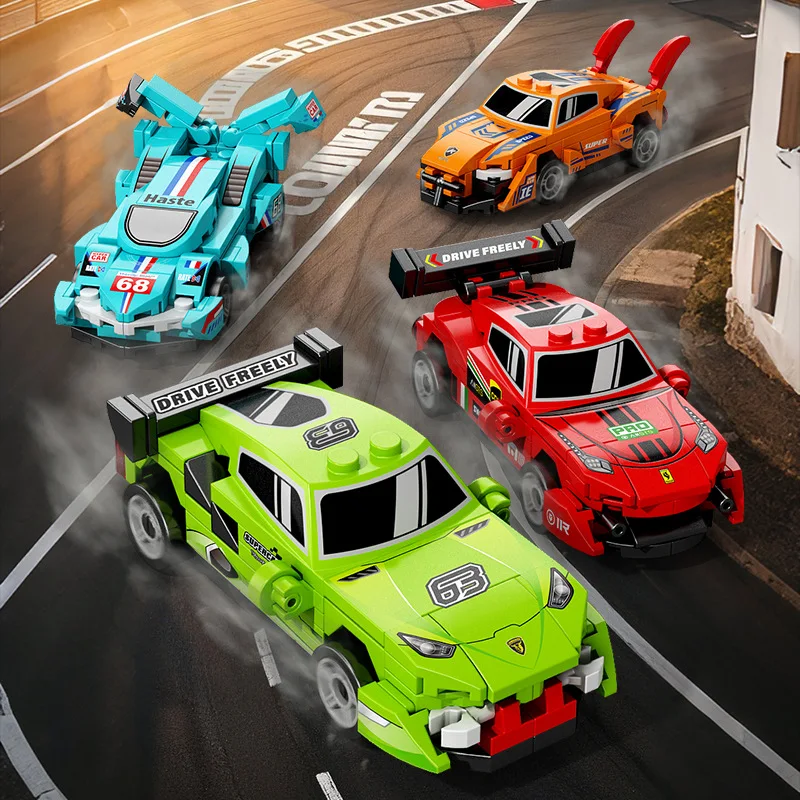 NEUE DIY Vier Grid Racers Racing Auto Zurückziehen Geschwindigkeit Fahrzeug Bausteine Kit Jungen Ziegel Film Modell Kinder Spielzeug Stadt Ideen