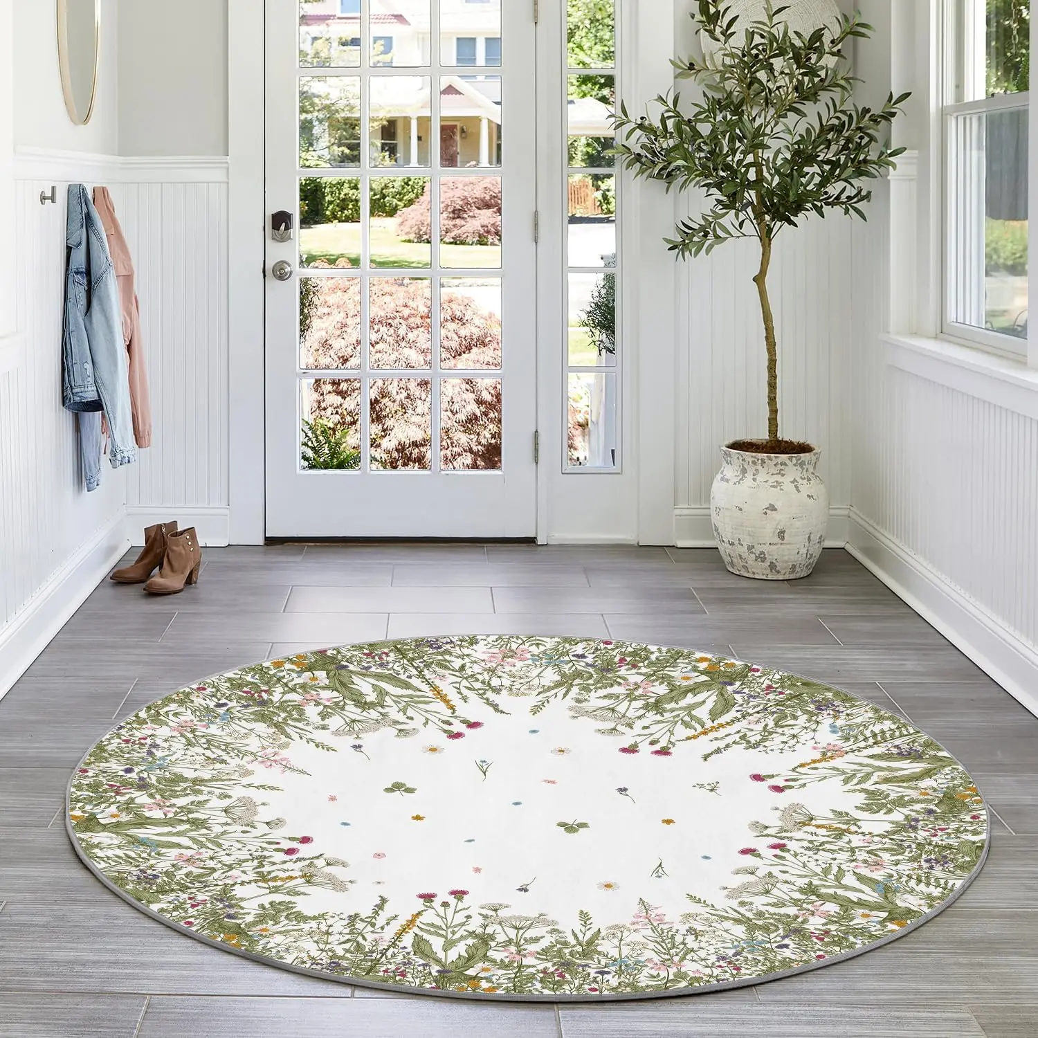 Antique Herbs & Wild Floral Round Rug for Entryway, Bedroom & Living Room, Low-Profile Washable Area Rug, Spring Home Decor