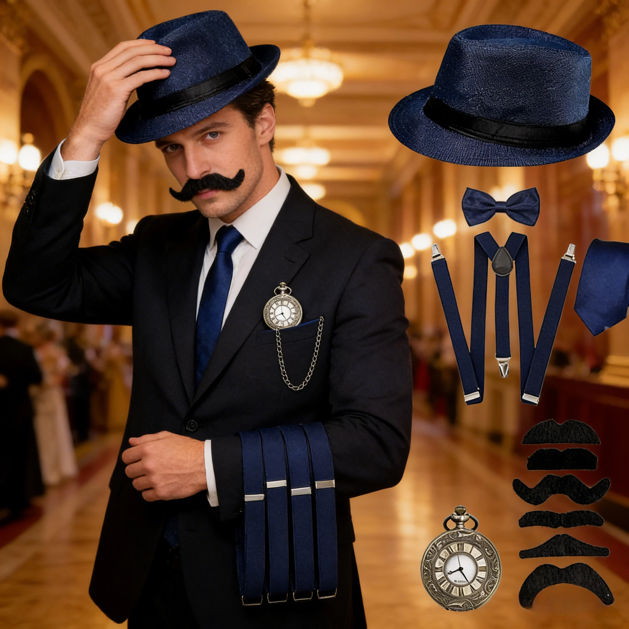 

Набор аксессуаров для мужчин в стиле Гэтсби 1920-х годов: шляпа, винтажные карманные часы, галстук-бабочка, галстук, аксессуары для официального наряда