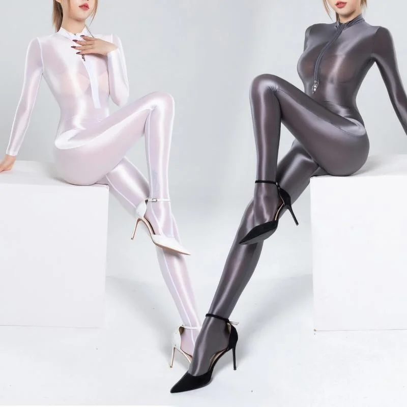 Womens Shiny Satin Glossy Silky Leotard Jumpsuit 2 Zipper Open Bust & Crotch Bodysuit Catsuit