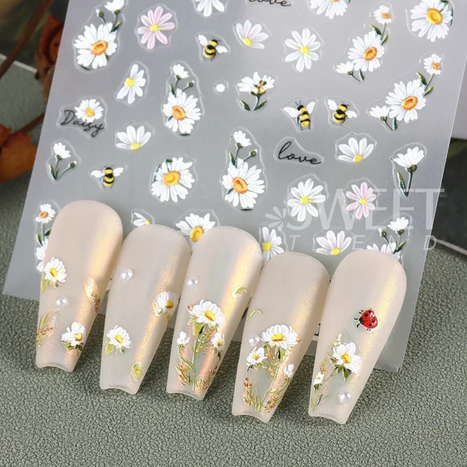 5D ديزي زهرة مسمار ملصقات لطيف زهر النحل البتلة الحشرات ذاتية اللصق مانيكير صائق DIY بها بنفسك الربيع الصيف مسمار الفن الديكور