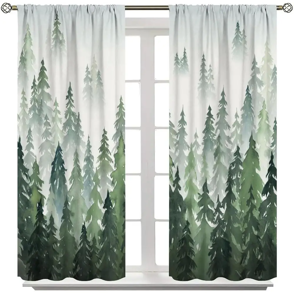 Green Forest Tree Watercolor Curtain for Living Room, Bedroom, 84x84 inches