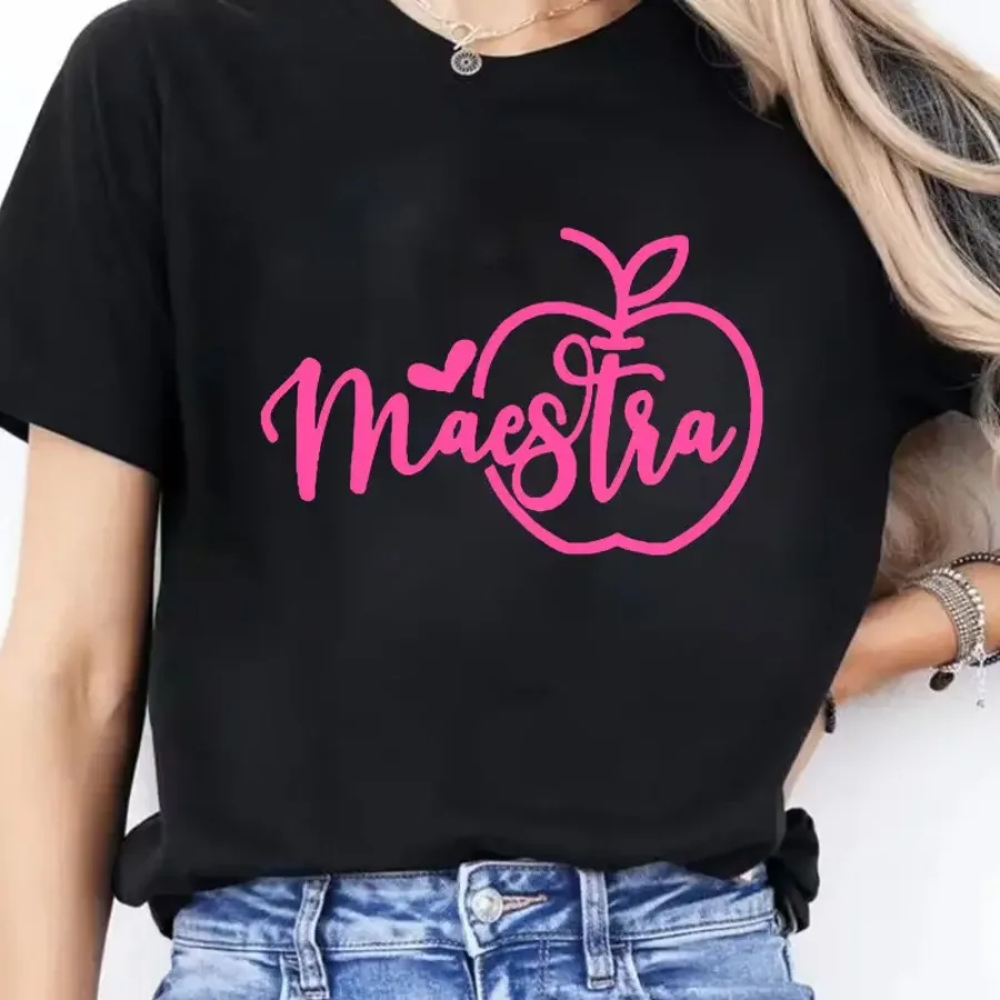 Spanish Letter Print Spring/Summer Casual Round Neck Short Sleeve Sports T-Shirt Women's Top