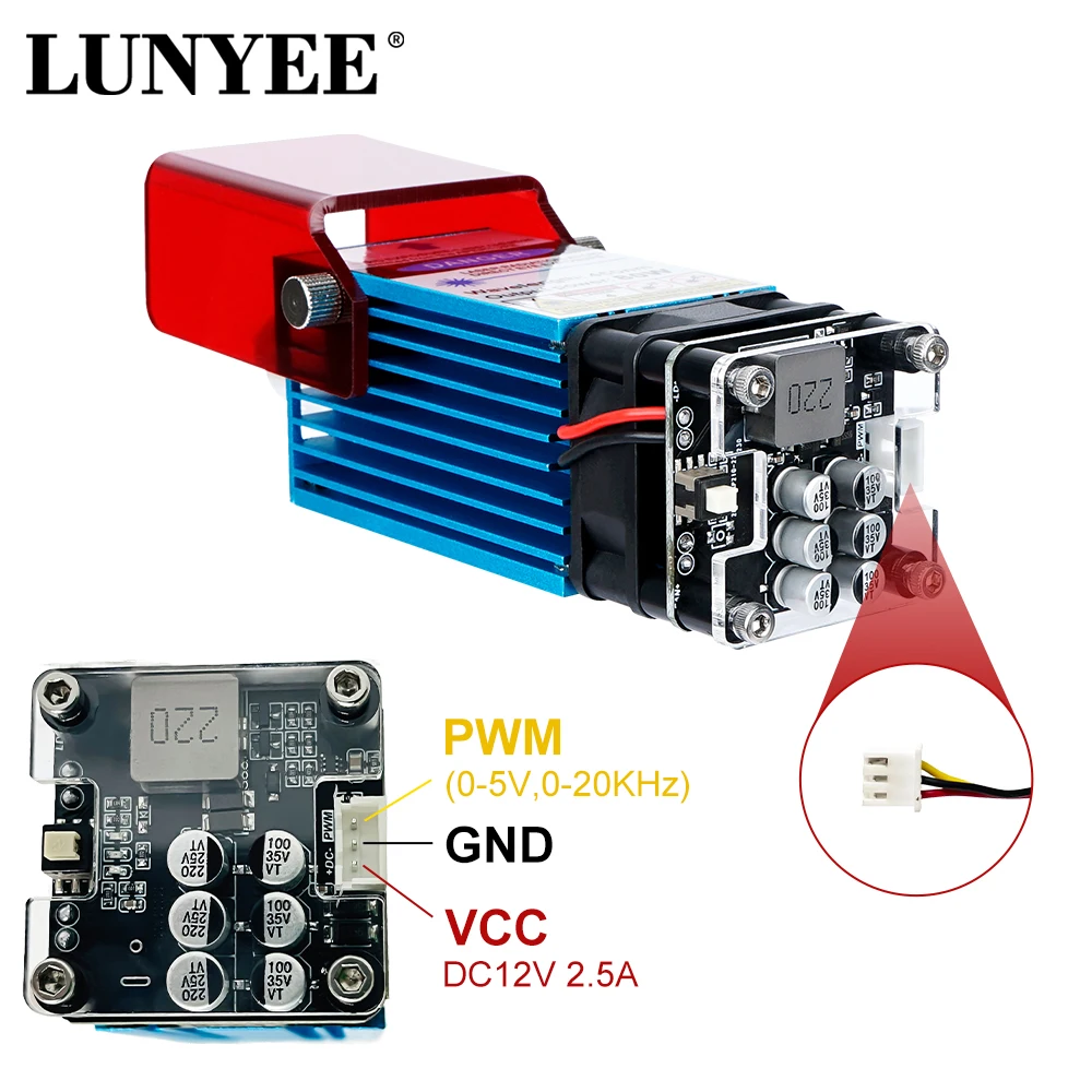 LUNYEE-레이저 모듈 80W 공기 지원 450nm 블루 레이저 헤드 TTL 모듈, CNC 레이저 절단기용, DIY 레이저 조각기 도구