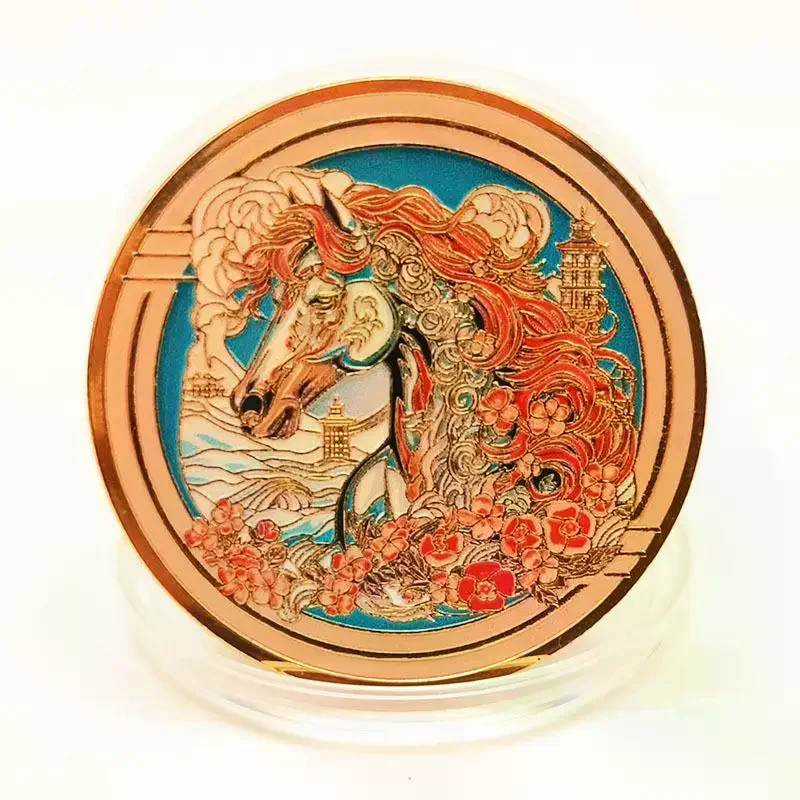 Colorful Zodiac Chinese Horse Souvenir Coin Commemorative Lucky Challenge Coin Collection Gifts With Protective Case
