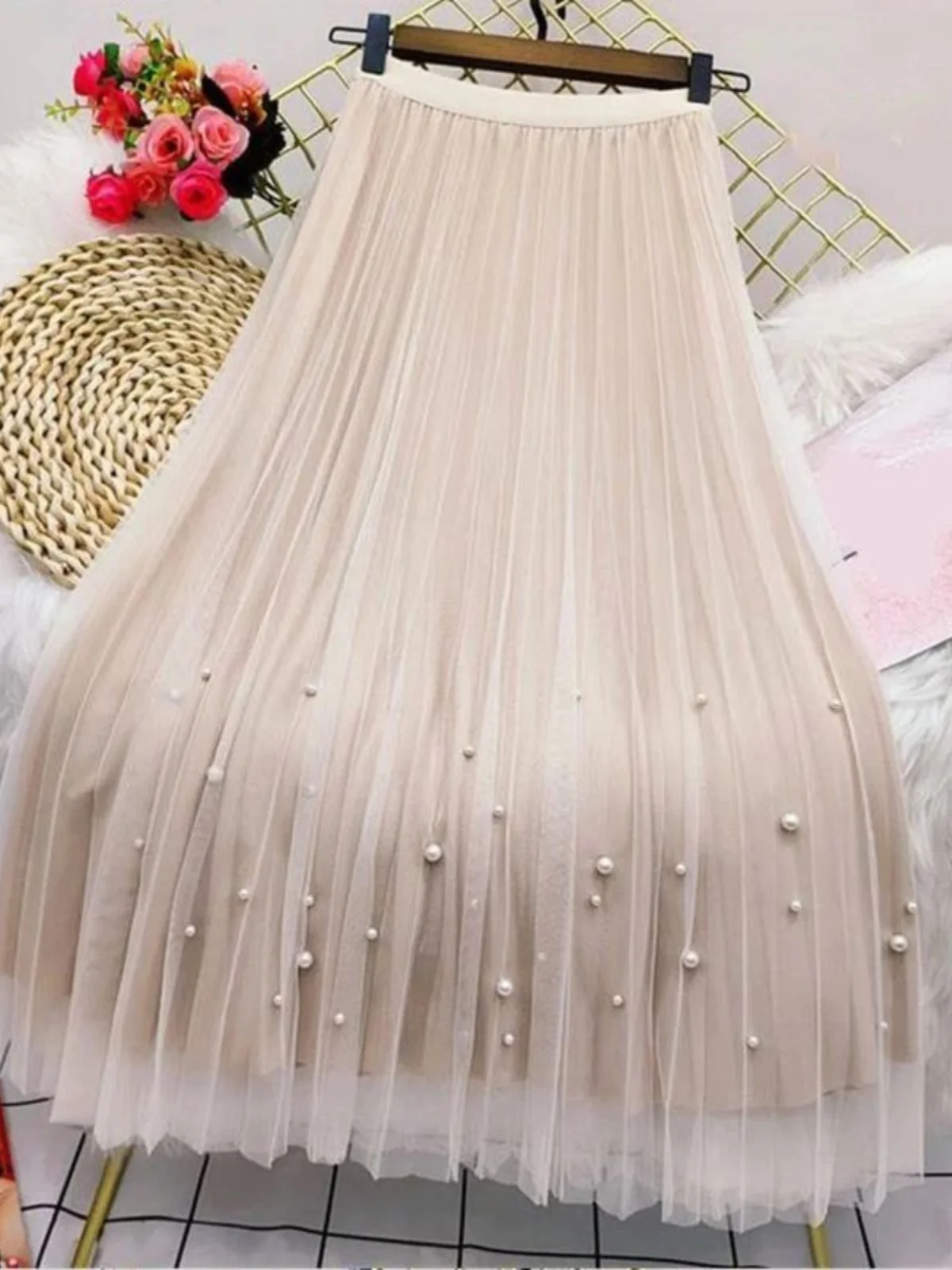 

High Waist Heavy Embellied Nail Bead Me Skirt Women's Color Street Sle Midi Skirt with Fitted Silhouette
