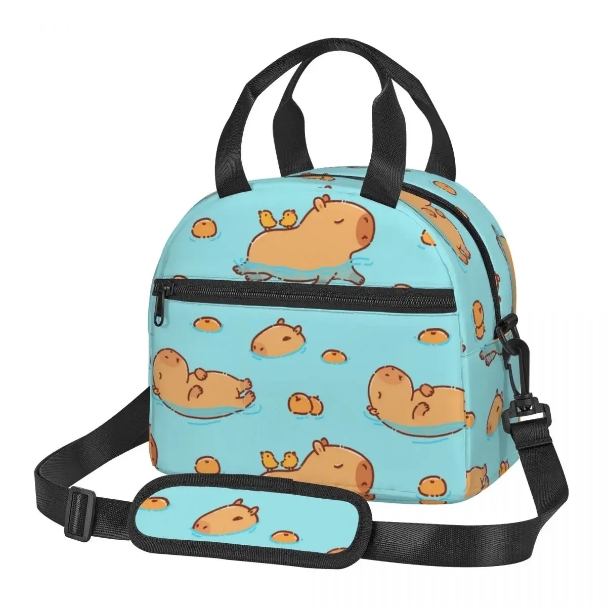 Cute Capybara Swimming Merch Large Insulated Lunch Bag With Adjustable Shoulder Strap Kawaii Animal Cooler Thermal Lunch Boxes