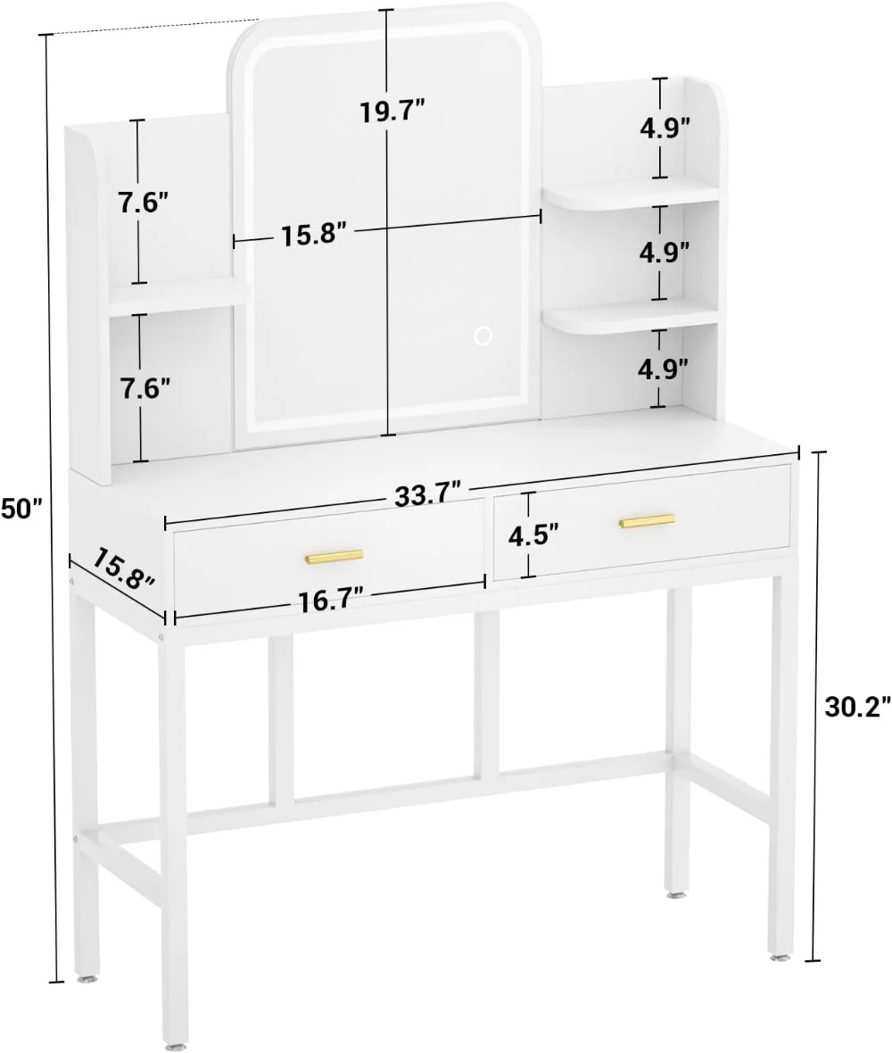 armocity Vanity Desk with Mirror and Lights, Makeup Vanity with 2 Storage Drawers, Vanity Table Set with 3 Color Lighting Option