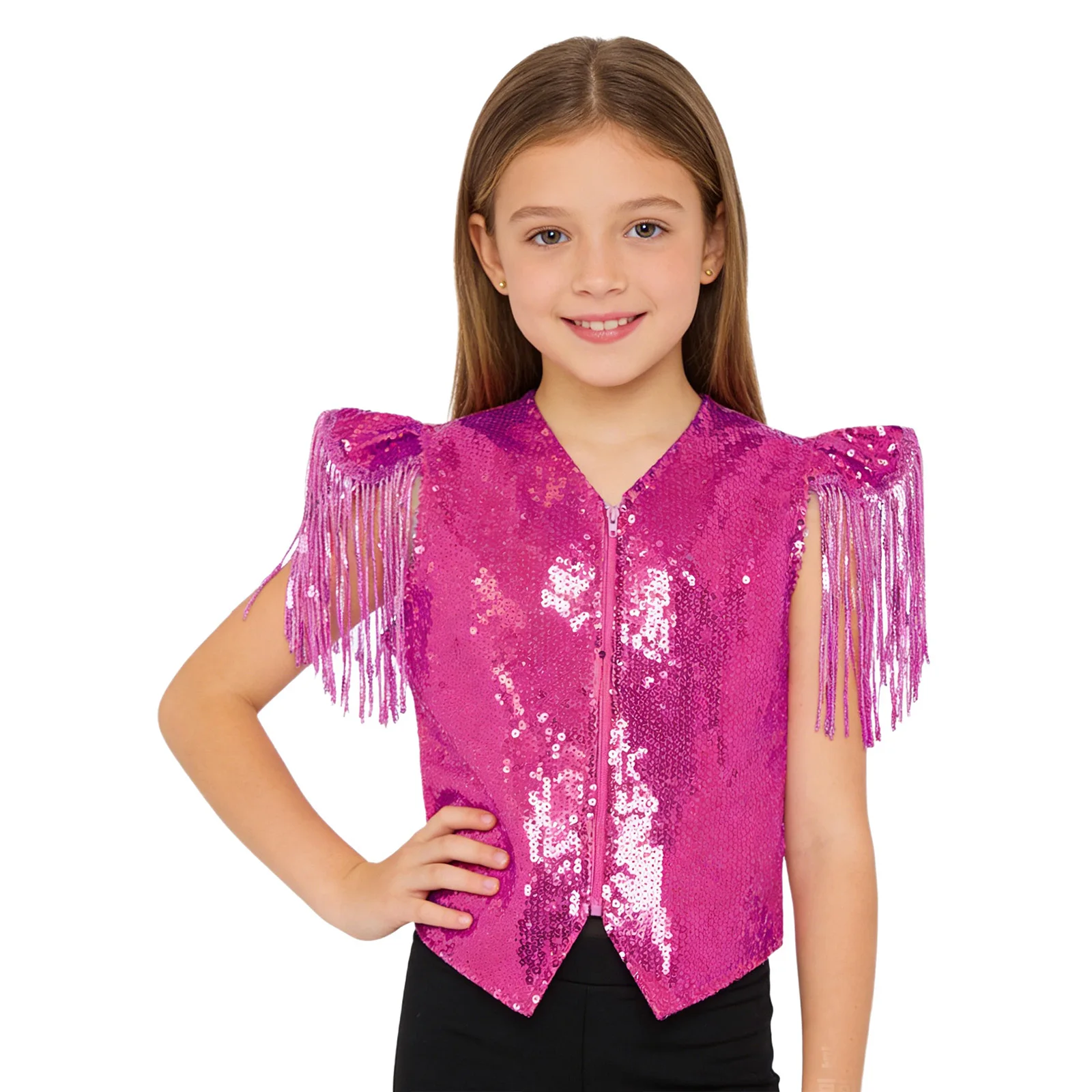 

Детский металлический жилет для танцев в стиле диско-ваальцо для мальчиков и девочек, с пайетками, бахромой, короткими рукавами, асимметричным подолом, для выступлений на сцене