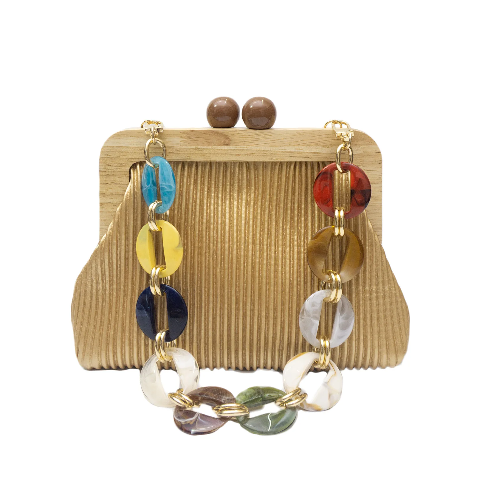 

Elegant Women Straw Evening Bag Wooden Frame Acrylic Chain Underarm Party Dress Purse