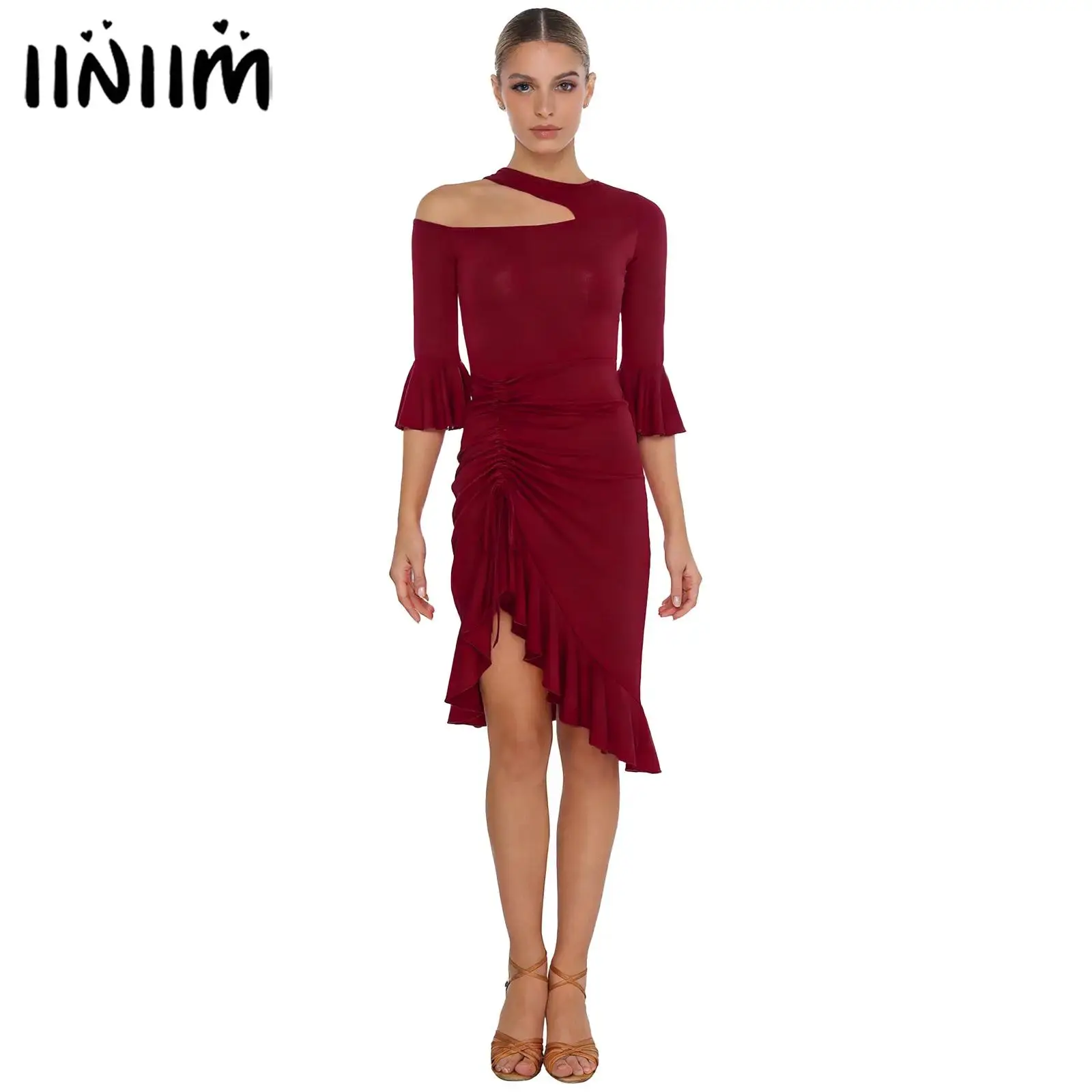 

Womens Belly Latin Modern Ballroom Dance Dress with Safety Shorts Dancewear Ruffled Trim Irregular Hem Dress Performance Costume