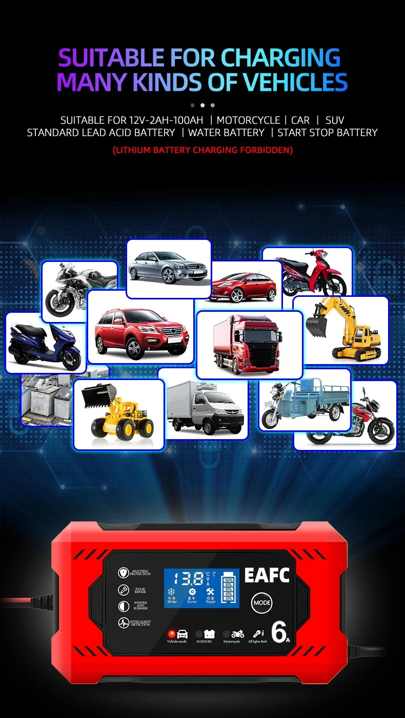 Intelligentes 12V Batterieladegerät für Autos & Motorräder 6A/10A Ausgang LCD-Bildschirm Reparaturmodus Überladeschutz-Design Ladestation – Detail 3