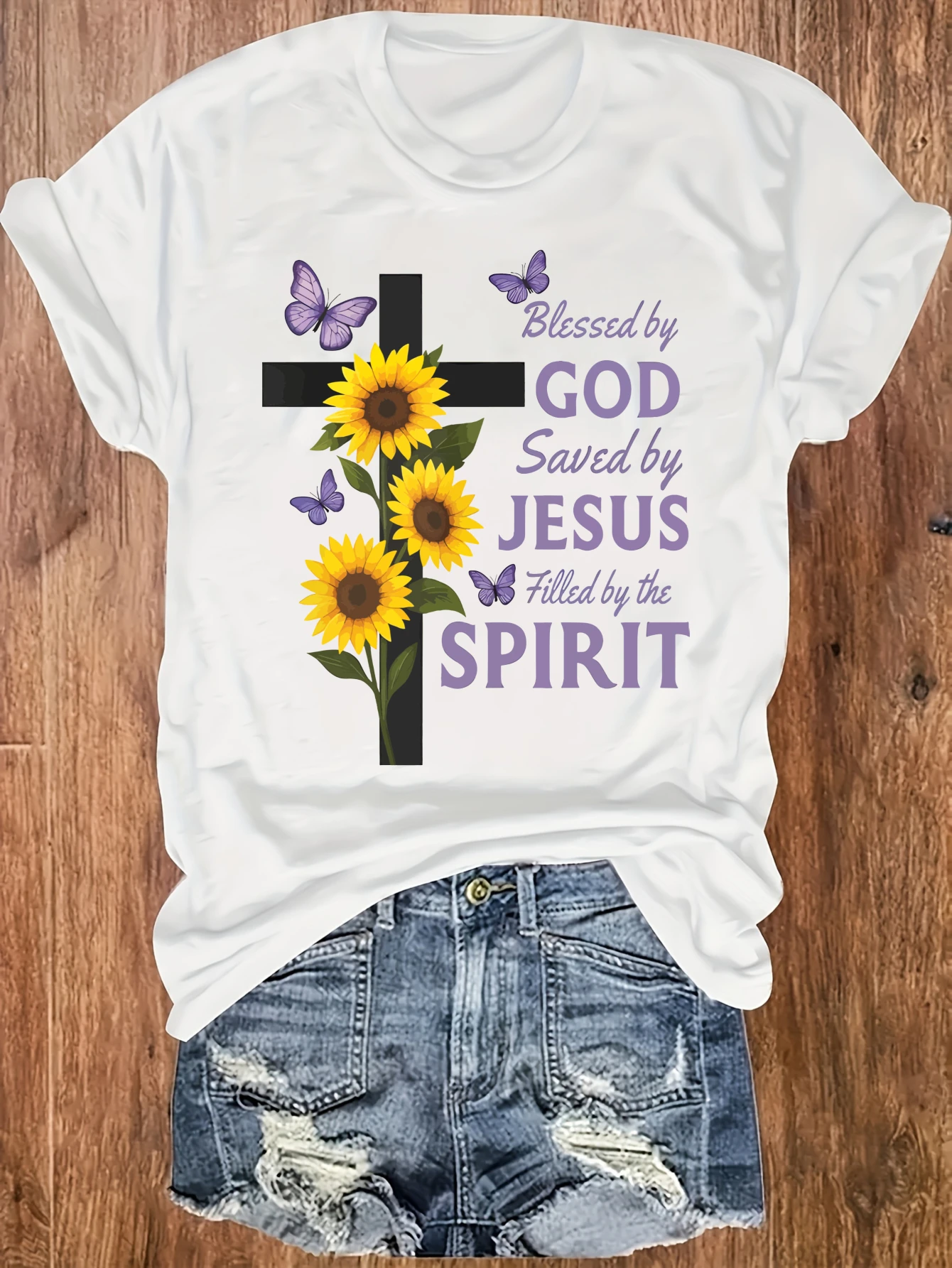 

Women's plus size tank top Cross Sunflowers Butterflies Text Design Suitable for sports and daily wear summer casual shirt