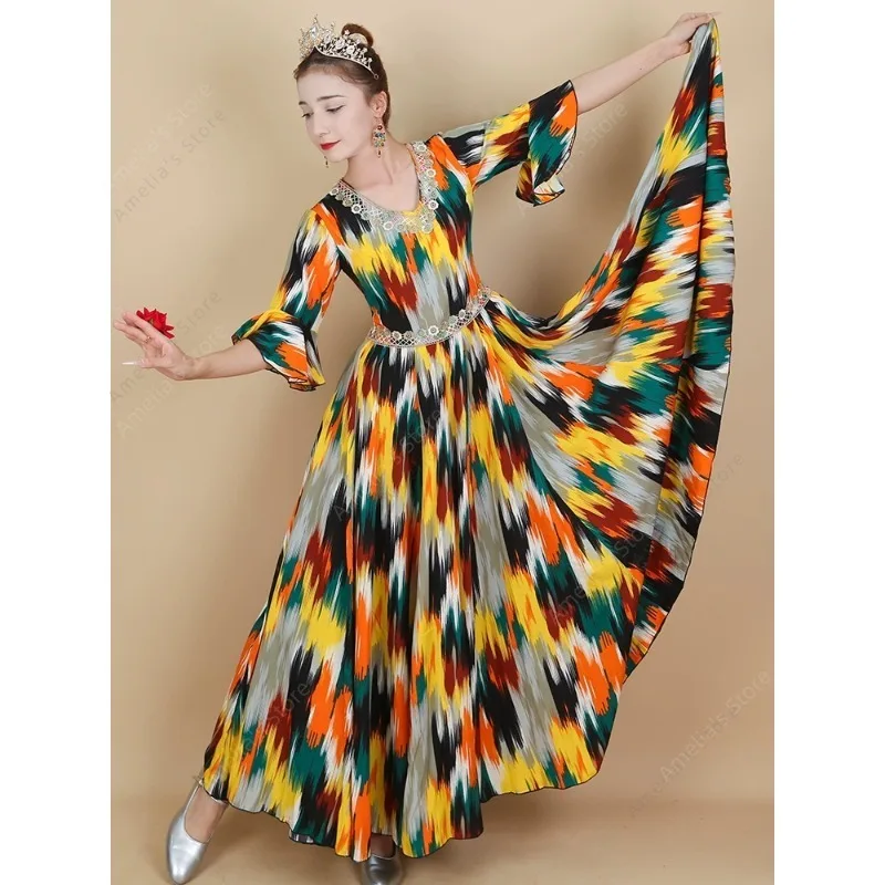 Nuevo vestido de baile chino de Xinjiang para mujer, traje de actuación uigur de manga corta de verano