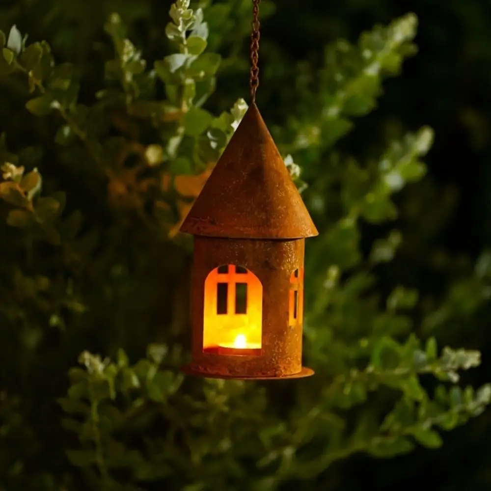 Versatile Iron Rusty Castle Candlestick Rustic Hollow Design Hanging Bird Feeder Decorative Castle