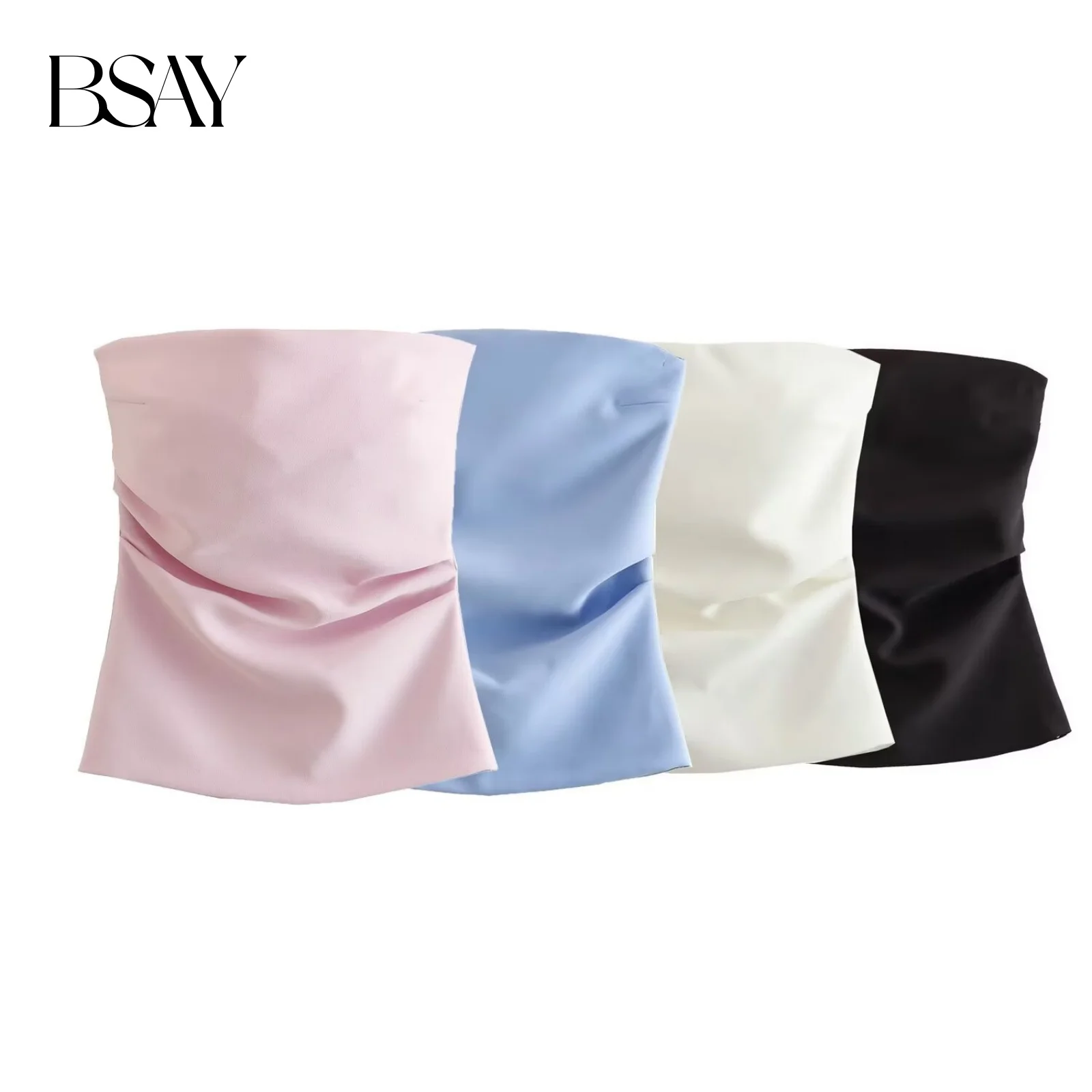 

BSAY Women Fashion Summer New Back Zip Strapless Sleeveless Blouses Street Clothing Vest Tank Chic office Ladies Crop Tops