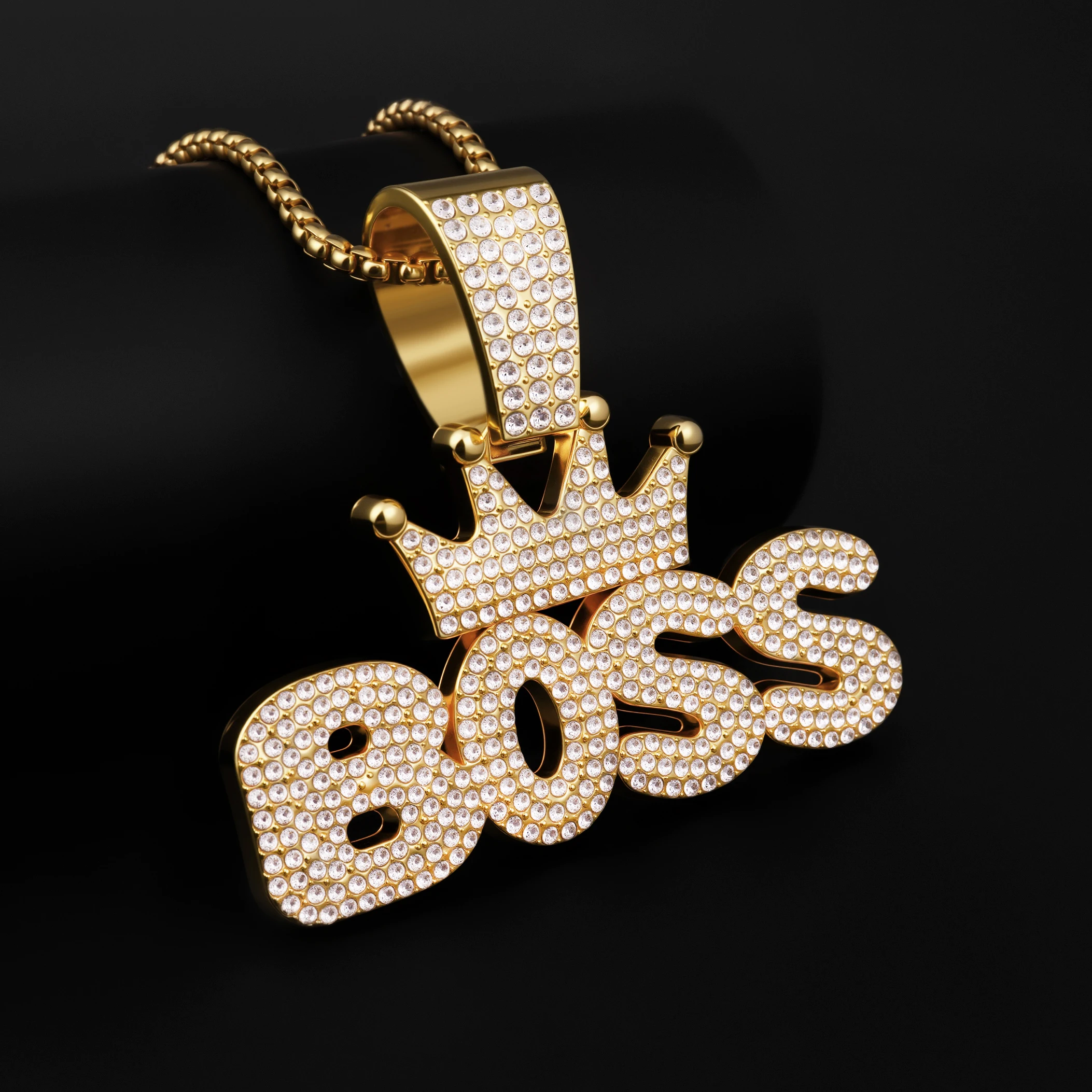 

Hip Hot Zinc Alloy Paved Rhinestone Letter Boss Necklace Men Women Luxury Letter Necklace for Men Jewelry Gift for Him