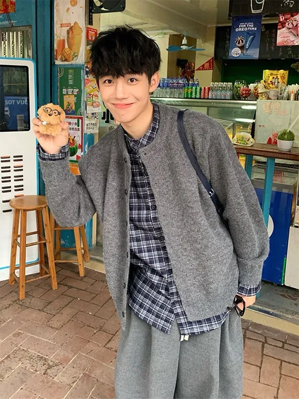 

Мужской кардиган-свитер с эффектом двухслойности, зимний, в университетском стиле, с пэчворком, вязаный, американский стиль