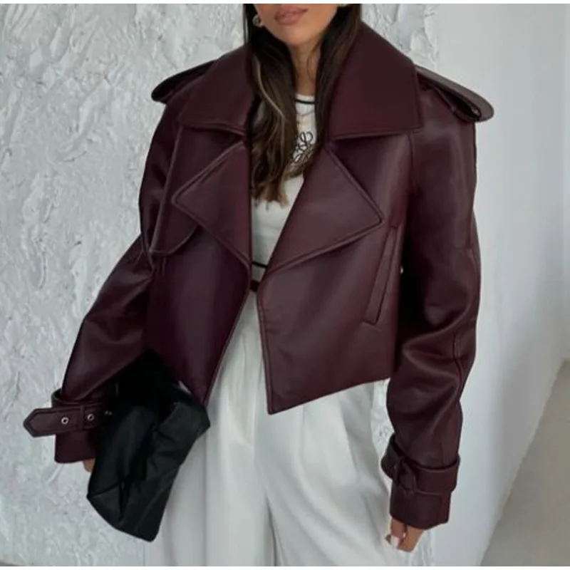 Women's Coat Dark Red Pu Leather Solid Lapel Cropped Jacket Fashion Pockets Long Sleeves Short Coat 2025 Lady Autumn Streetwear