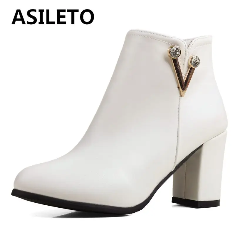 ASILETO Female Ankle Boots Round Toe Chunky Heels 7.5cm Zipper Metal Decoration Plus Size 51 52 Office Lady Daily Bota