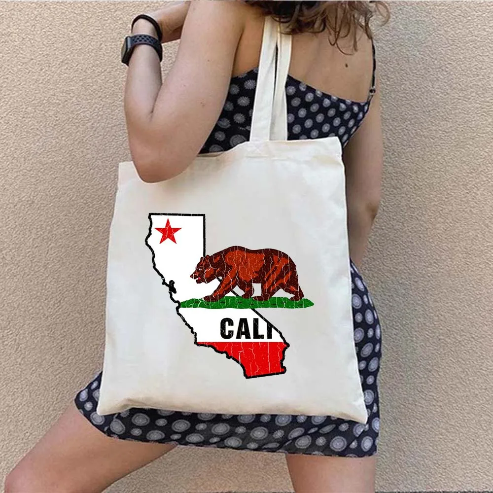 Vintage San Francisco California State Bear Flag Golden Gate Bridge Palm Harajuku Tote Bag Foldable Shopping Bag Shopper Handbag