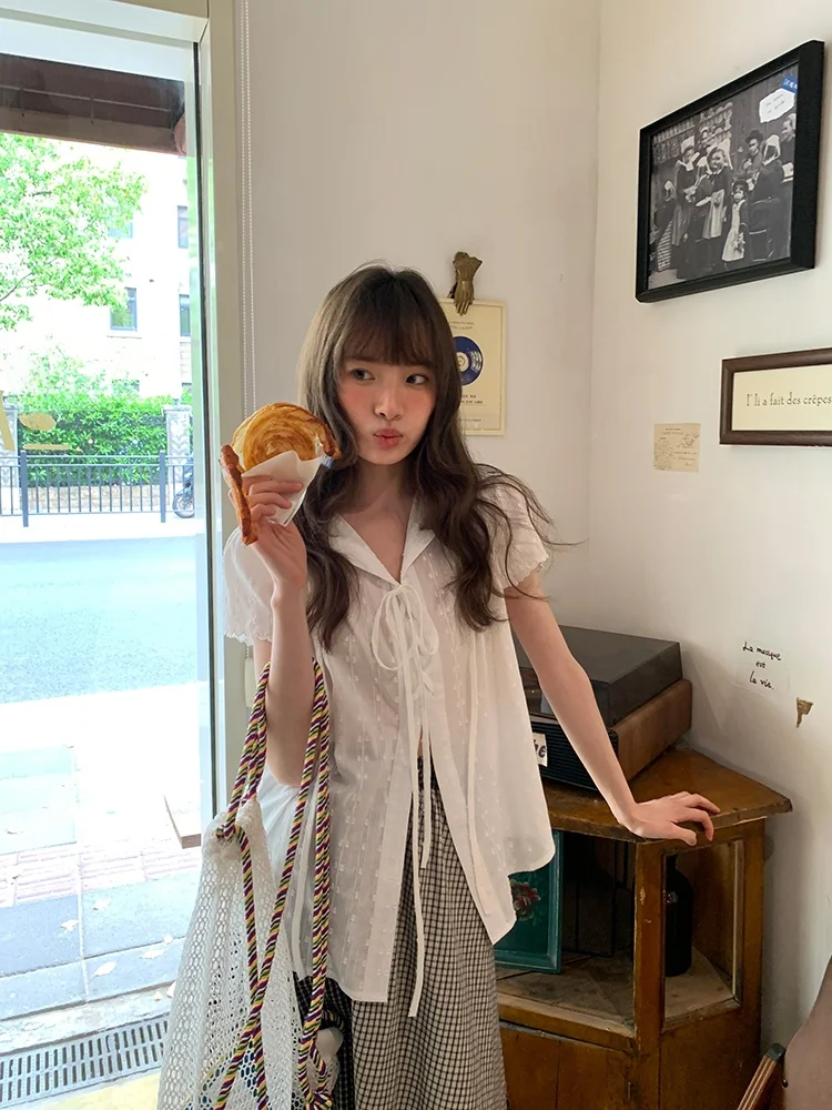 

Легкая женская летняя блузка с коротким рукавом, модный топ в французском стиле, стандартная длина