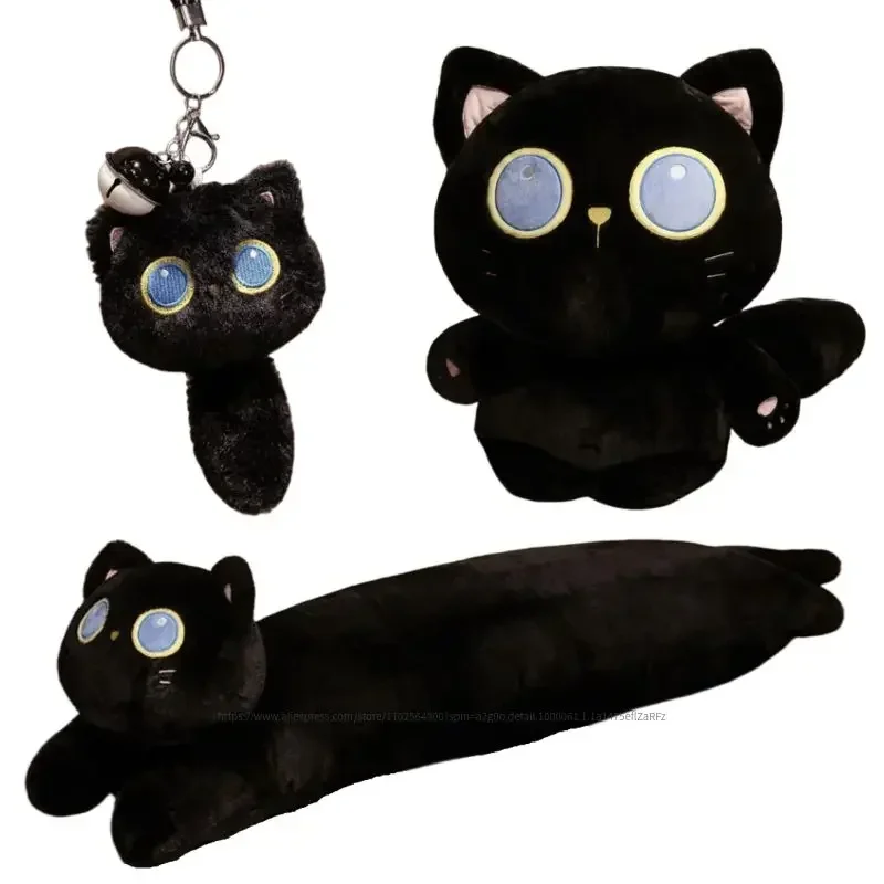 

Новая плюшевая игрушка Kawaii Fat Black Cats с большими глазами, милый котенок, мультяшная кукла с животными, домашний декор, длинная подушка, подарок для детей, девочек, день рождения