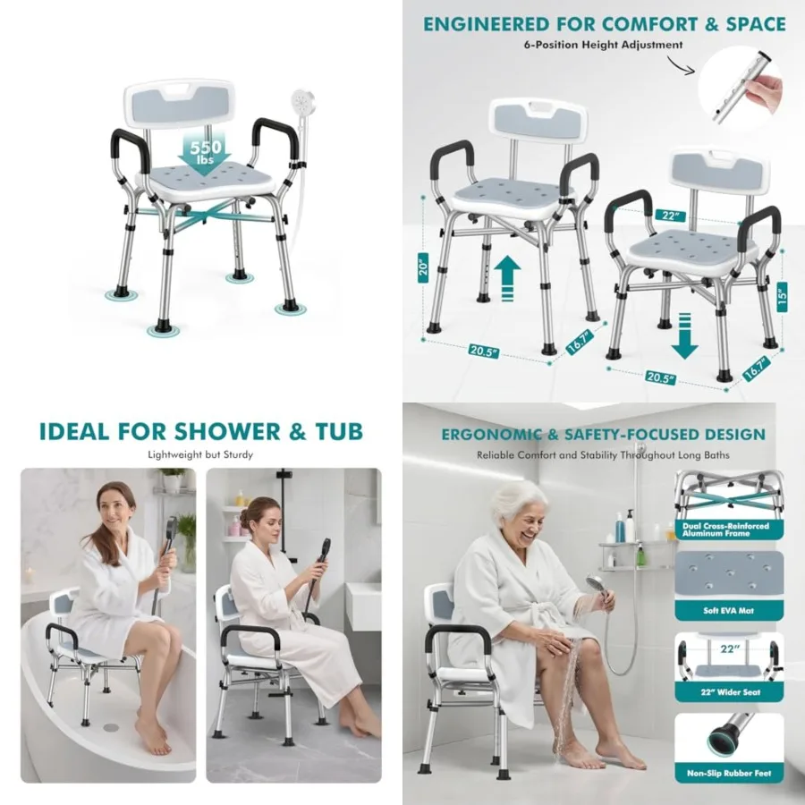 

Shower Chair with Removable Arms and Back for Elderly and Disabled, 550 lbs Shower Chair for Inside Shower, 6-Height Adjustable