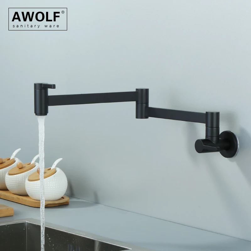 Awolf Black Countertop Pot Filler Wall Mounted Kitchen Faucet Lengthen Folding 360 Degree Rotation Solid Brass Water Tap FW009