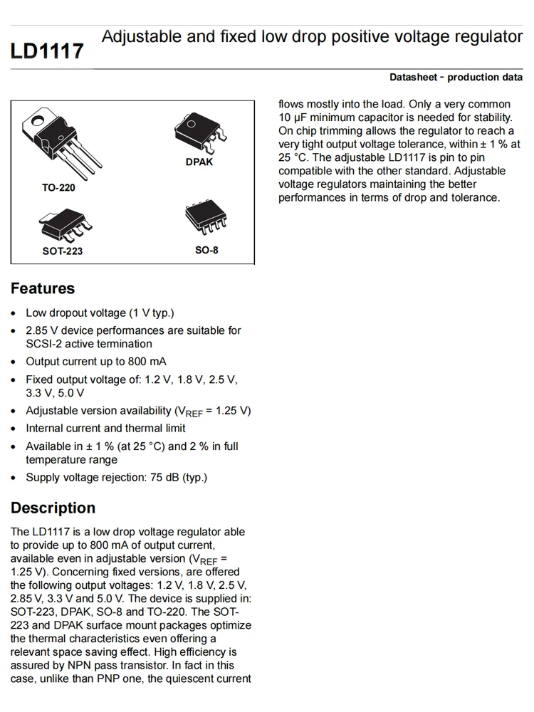 LD1117S50CTR SOT-223 10PCS LD50 linear regulator (LDO) input 15V output 5V 800mA power chip