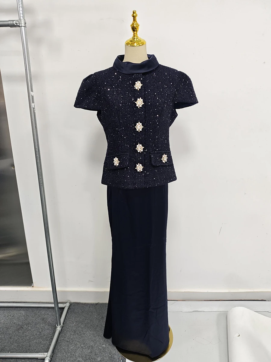 VGH Temperamento Set da due pezzi per donna Colletto alla coreana Manica corta Bottoni impiombati Top Vita alta Gonne lunghe Set chic Donna Nuovo