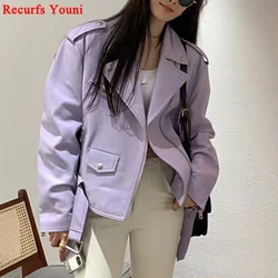 Veste en cuir véritable pour femme, manteau attrayant, violet, blanc, fermeture éclair en métal, ceinture tendance, vêtements polyvalents