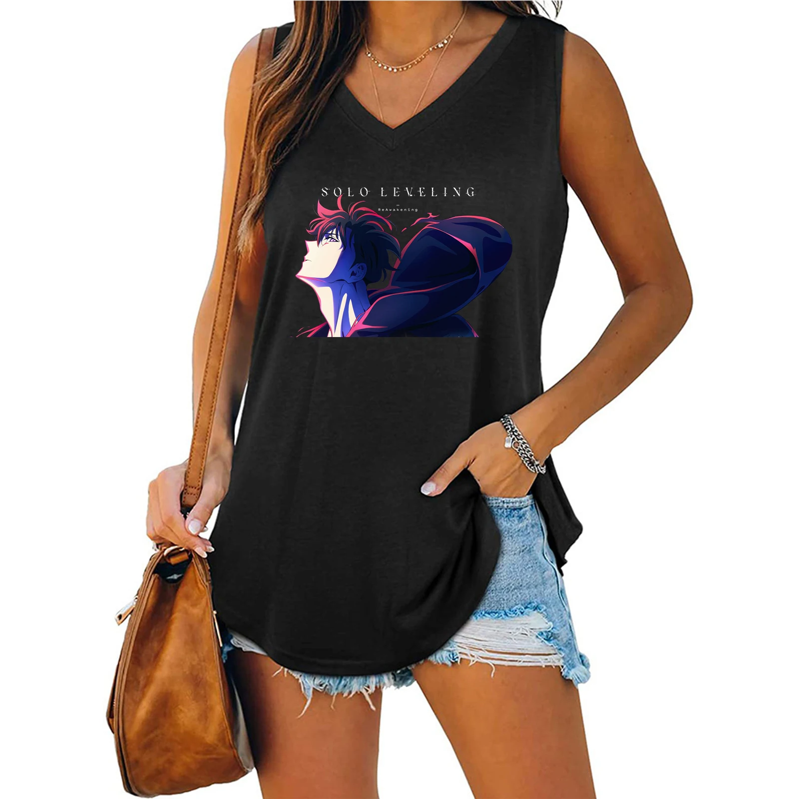 Solo Leveling ReAwakening Tank V-neck Female Vest Loose Oversized Women No Sleeves Top