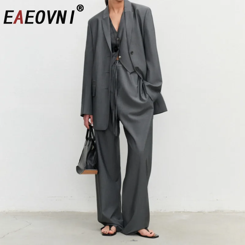 

EAEOVNI 2025 Fashion 3 Piece Set Women Chic Suit Blazer Sleeveless Button Vest + Wide Leg Trousers Office Lady Clothing 1A933