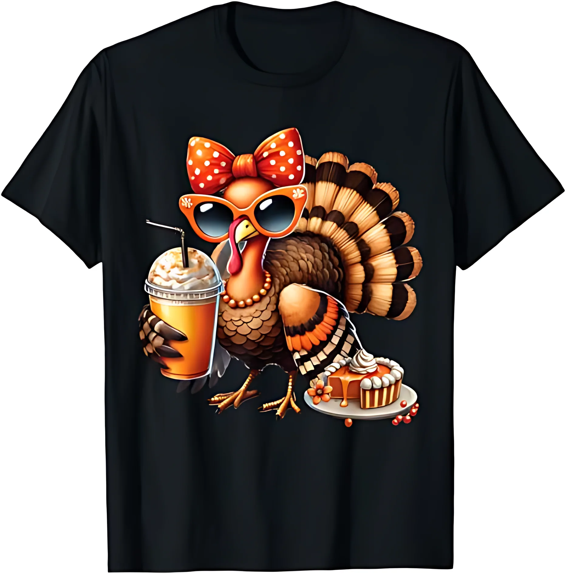 

Turkey Drinking Coffee Bow Thanksgiving Womens Turkey Day T-Shirt for Men and Women LWF 180g