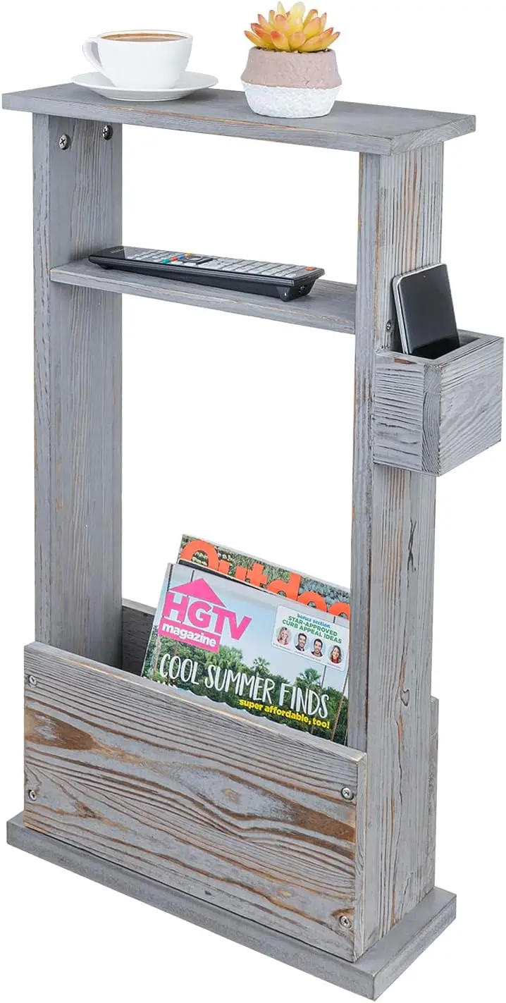 Narrow Side Table, Slim End Sofa Table in Vintage Gray Wood with Storage Shelf, Magazine and Remote Holder