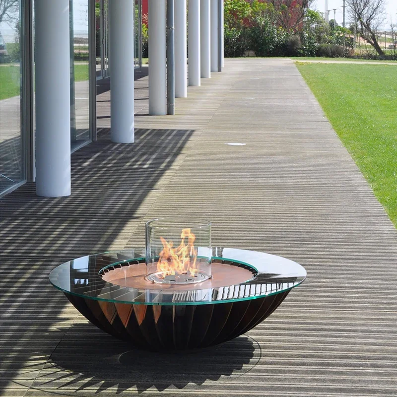Outdoor round Fire Pit Winter Heating Stainless Steel Propane Fireplace Windproof Glass Natural Rock Garden Stove for Backyard