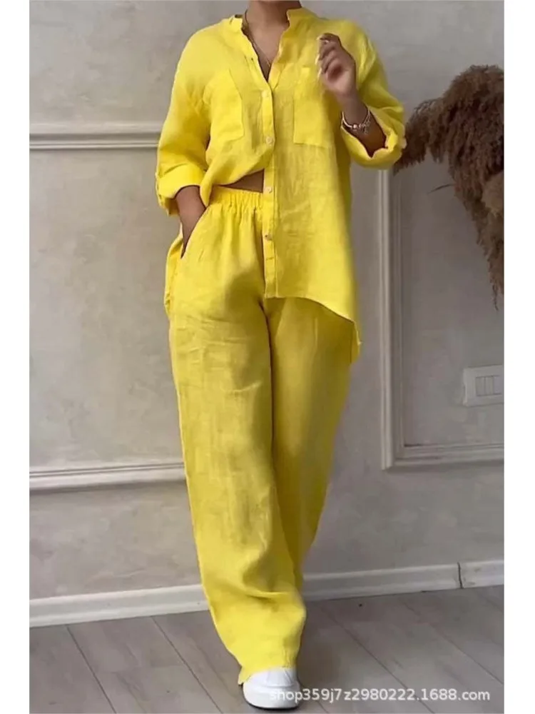 

Women Two Piece Sets Spring Autumn Casual Long Sleeve Pocket Shirts 2 Piece Set 2024 Fashion Loose Wide Leg Pants Suit Outfites