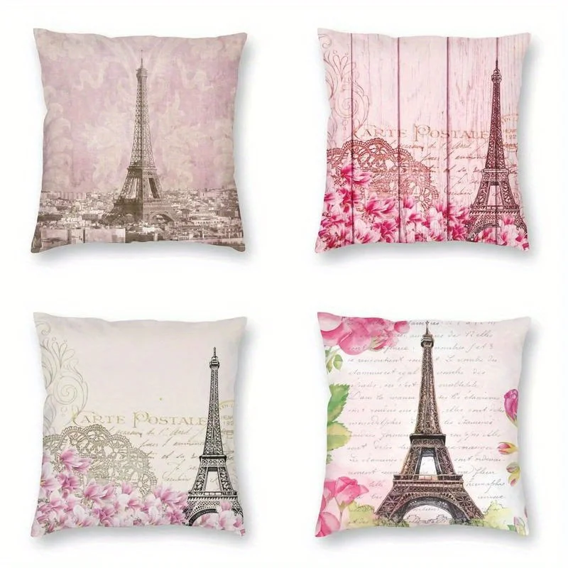 

Home Decor Eiffel Tower Postcard Floral Decorative Pillow Pattern Cushion Cover Suitable for Sofa Bedroom Car Pillow Cover