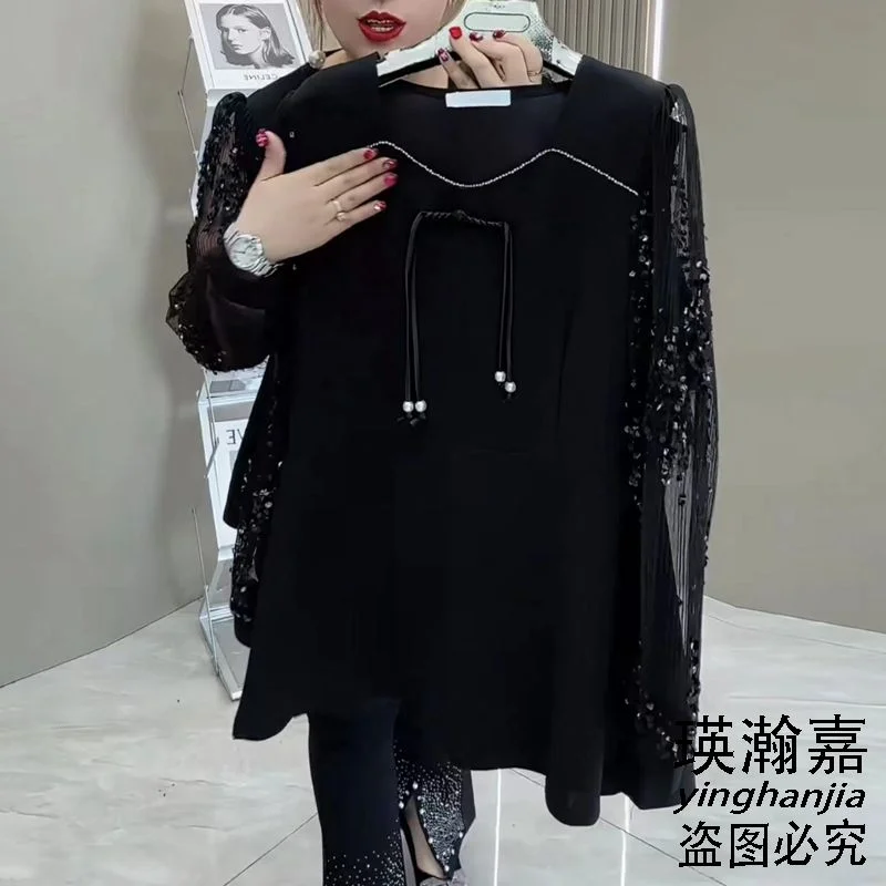 2025, nieuwe gestikte trui voor dames, ronde hals, kant, mode, effen kleur, veelzijdige, casual top met lange mouwen