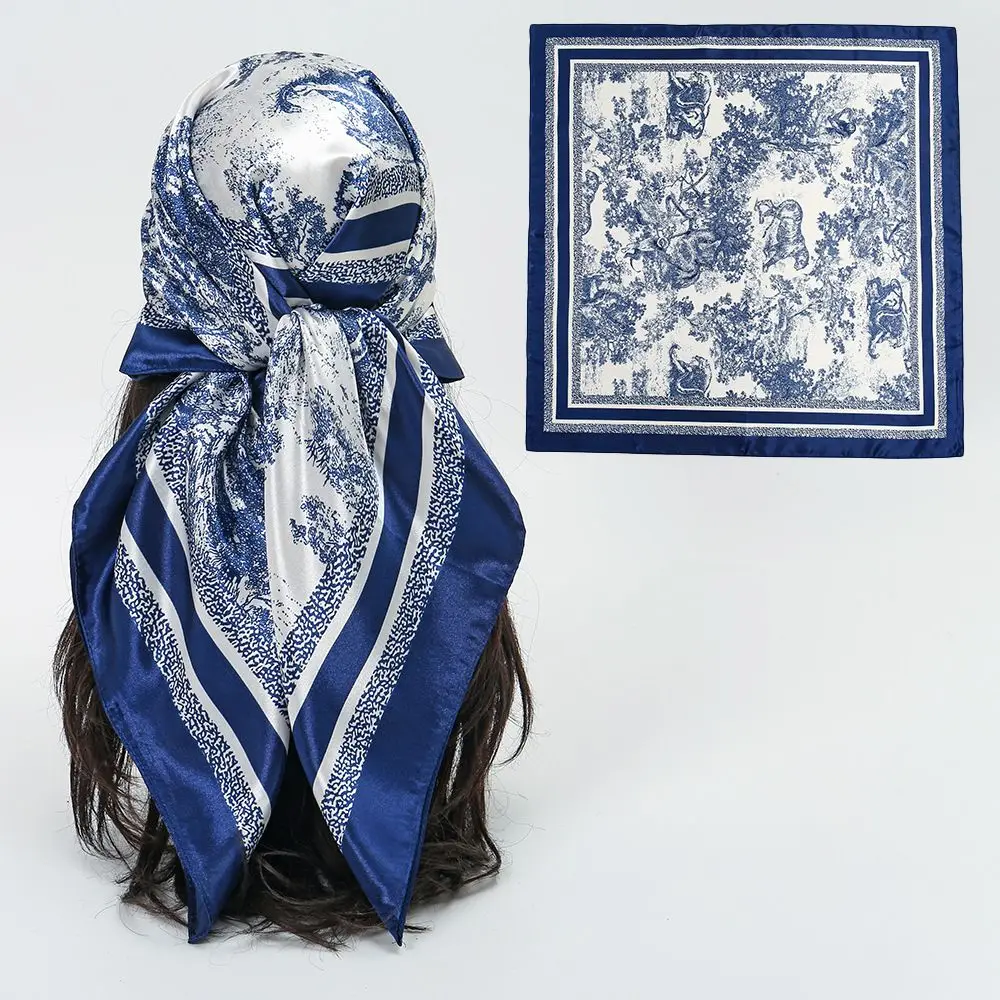 

Monochrome printed silk scarf blue and white porcelain ink painting art shawl versatile silky fashion large square scarf