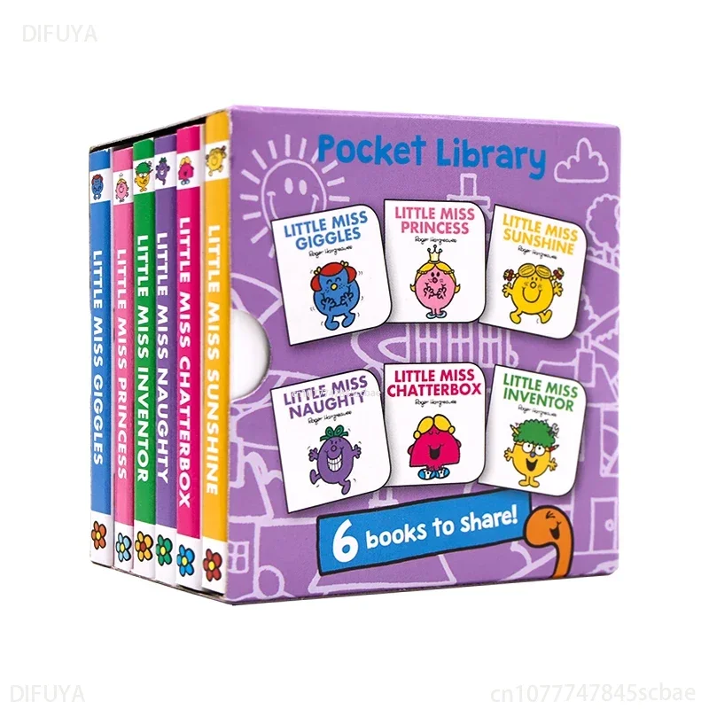 6 Books Mr. Men Little Miss Pocket Library Daily Life Early Education Picture Storybook Cartoon Mini Palm Board Book 9.5*9.3CMEn