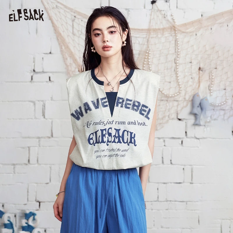 

ELFSACK "WAVE REBEL" Print V-Neck T-Shirt, Retro Letter Graphic Tee