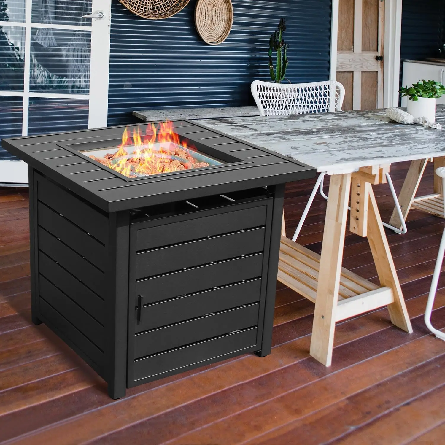 28 inch Propane Fire Pit Table, Outdoor Gas Fire Pits with Lid & Lava Rock, 50000 BTU Firepit