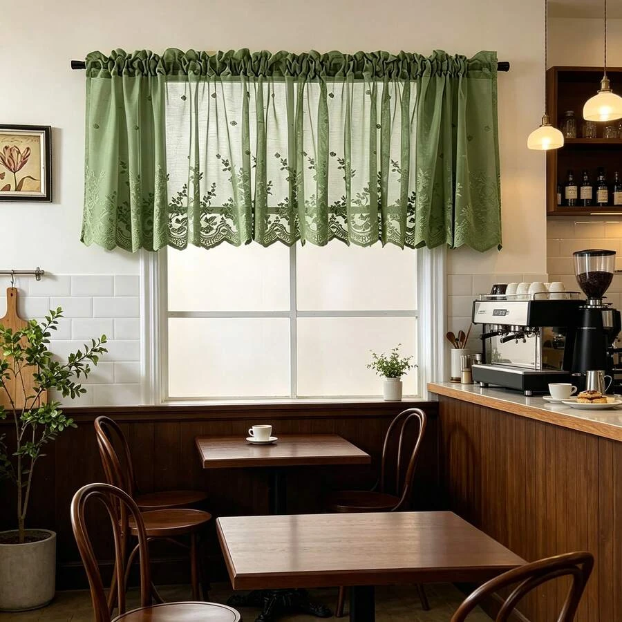 1PC Lace Embroidered Floral  Short Cafe Sheer Curtain, Multi-Purpose For Kitchen And Other Spaces, Rod Pocket Design