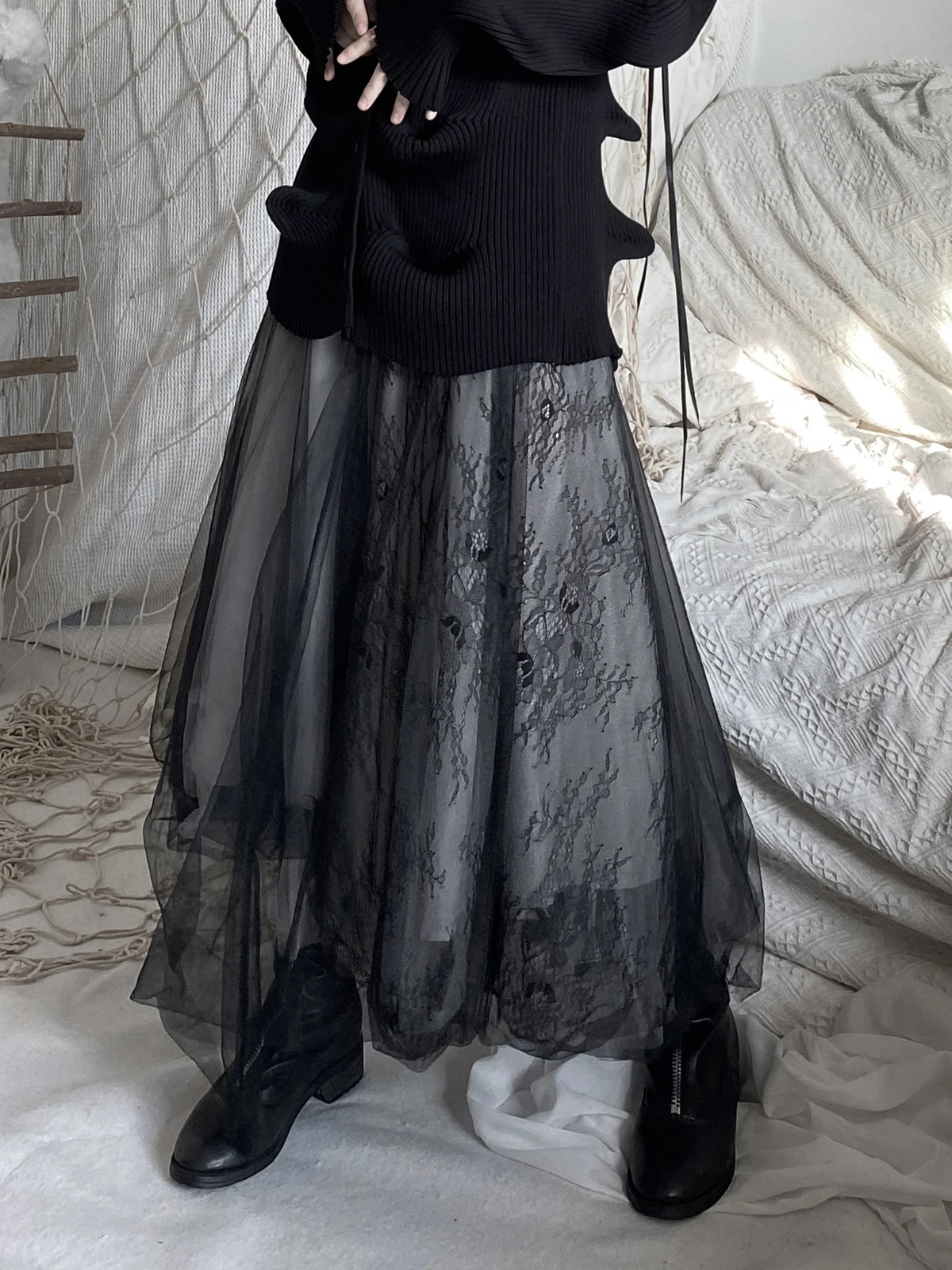 Dark Series Halloween Irregular Hem Lace Mesh Puffy Skirt Half Skirt Rococo Style mid Waist Other Material A-Line Skirt
