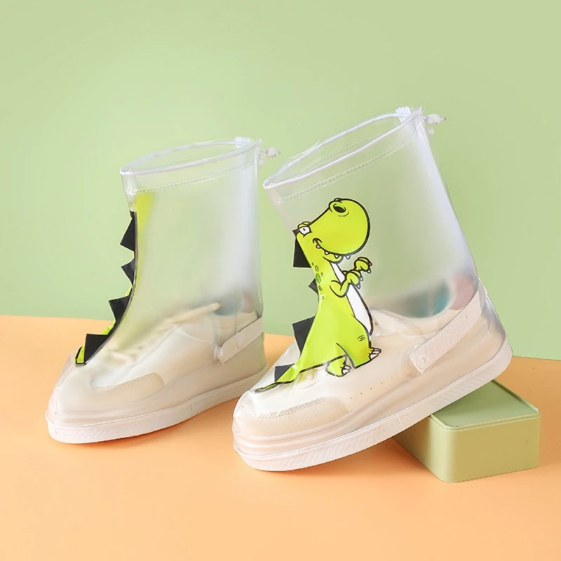 1 Set copriscarpe antipioggia impermeabili antiscivolo trasparenti scarpe antipioggia solide bambini Cartoon Dinosaur Galoshes Zip copriscarpe