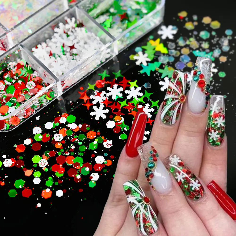 1Box Nail Sequin Christmas Nail Art Glitters Snowflake Sequin 3D Mixed Xmas Element Laser Hologram DIY Glitter For Festival Nail