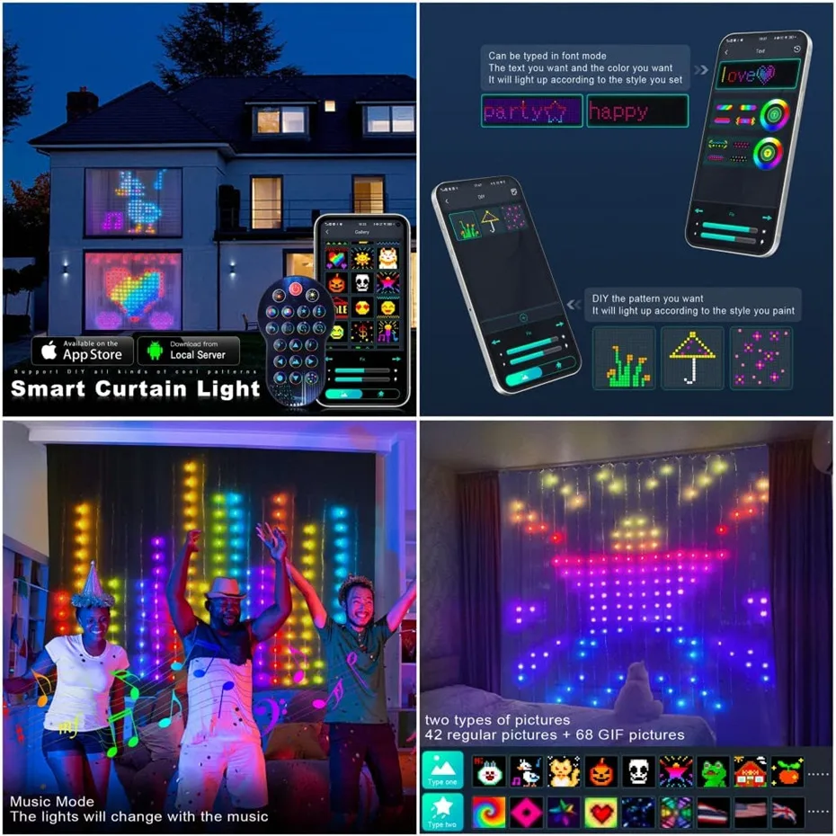 RGB ผ้าม่านบลูทูธสมาร์ท App ควบคุม LED String ไฟ Fairy DIY เพลง SYNC ระยะไกลสําหรับ Window ห้องนอนคริสต์มาส 400LED