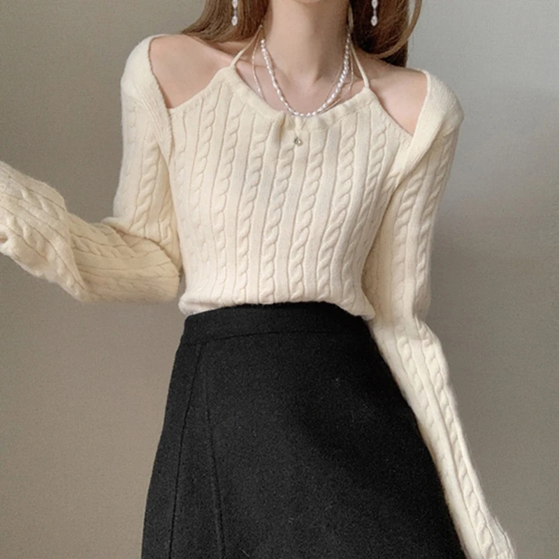 Womens Sweet Fake Two Piece Cropped Sweater Casual Halter Cable Knitted Sweater Long Sleeve Pullover Sweaters Jumpers